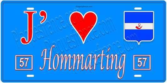 Plaque métal décorative, J'❤️Hommarting, Moselle, fond mur bleu 57