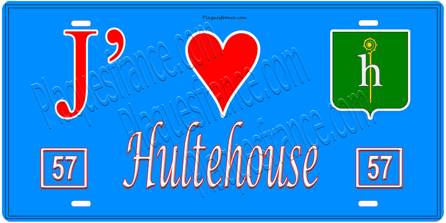 Plaque métal décorative, J'❤️Hultehouse, Moselle, fond mur bleu 57