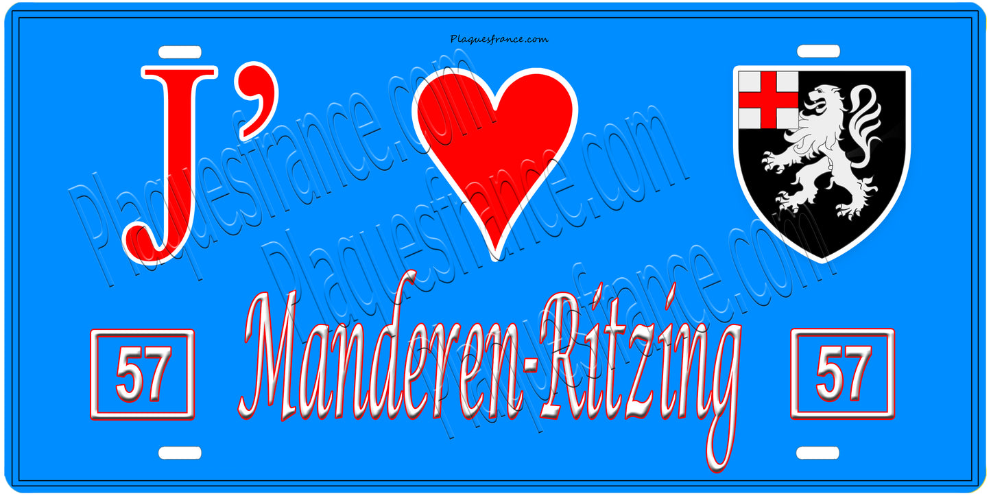 Plaque métal décorative, J'❤️ Manderen-Ritzing, Moselle, fond mur bleu 57