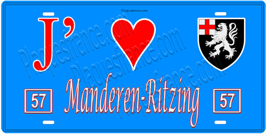 Plaque métal décorative, J'❤️ Manderen-Ritzing, Moselle, fond mur bleu 57