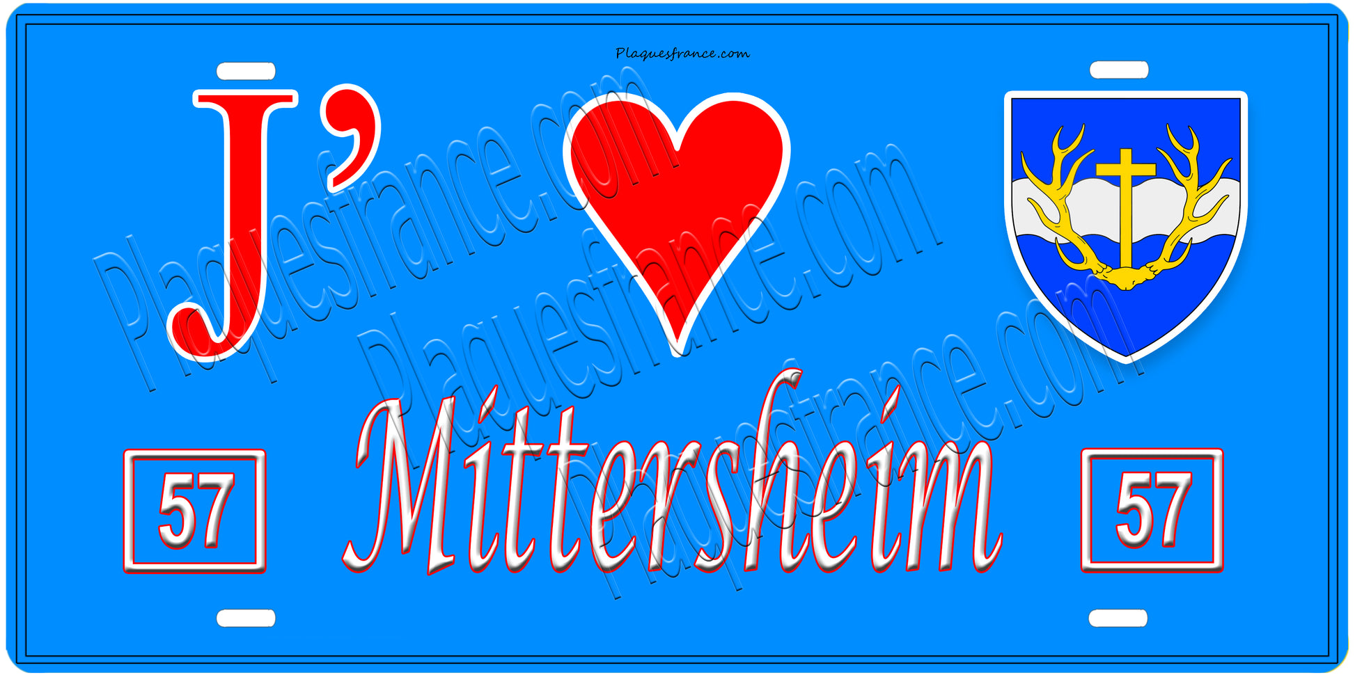 Plaque métal décorative, J'❤️Mittersheim, Moselle, fond mur bleu 57