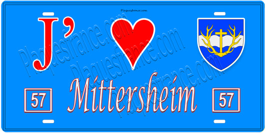 Plaque métal décorative, J'❤️Mittersheim, Moselle, fond mur bleu 57