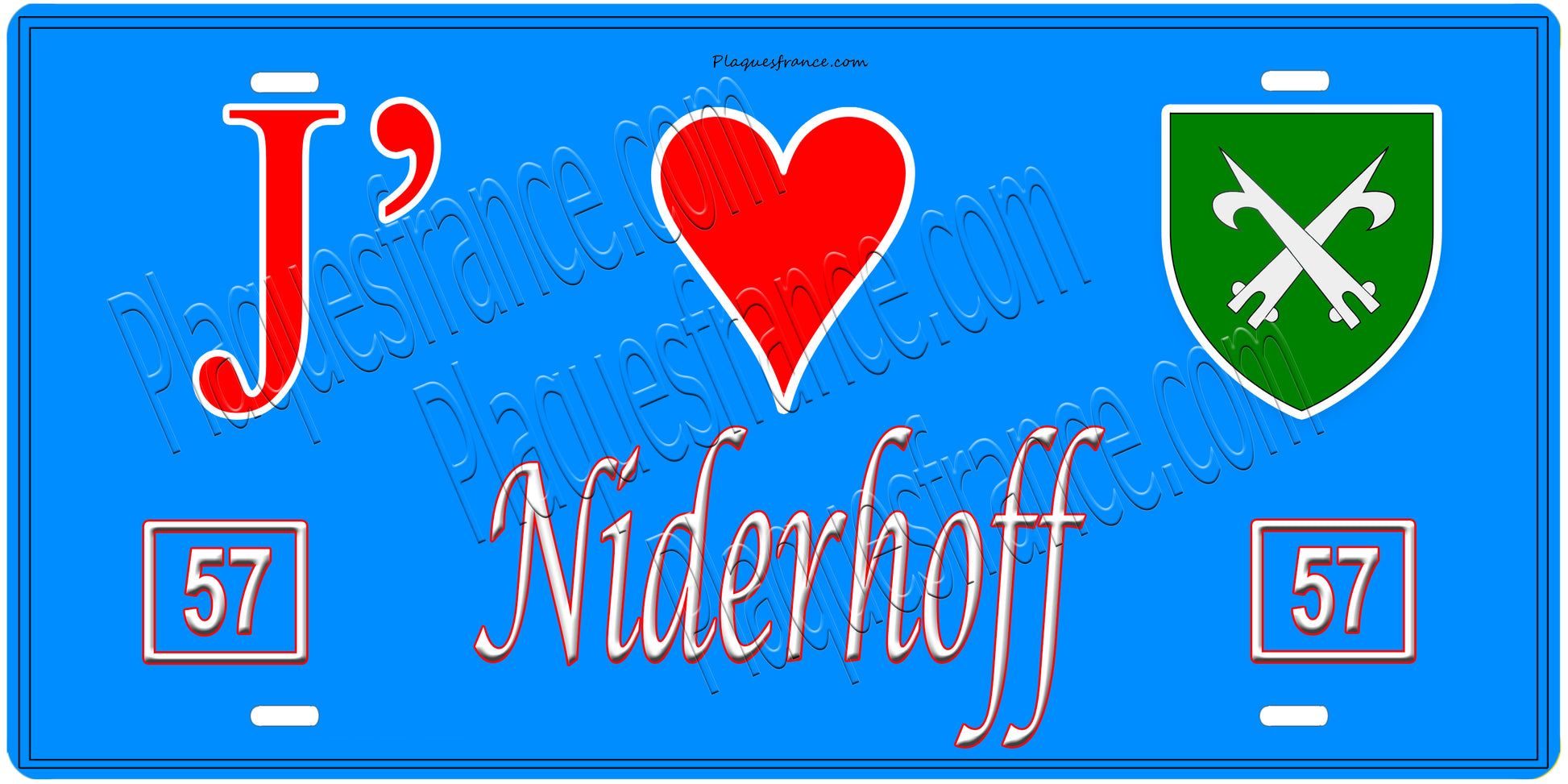 Plaque métal décorative, J'❤️Niderhoff, Moselle, fond mur bleu 57