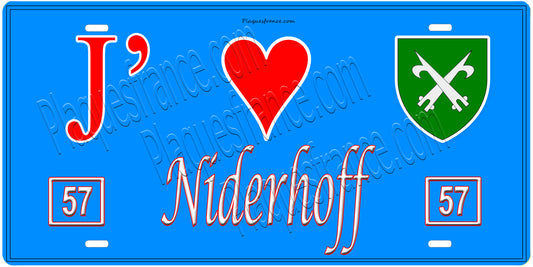 Plaque métal décorative, J'❤️Niderhoff, Moselle, fond mur bleu 57