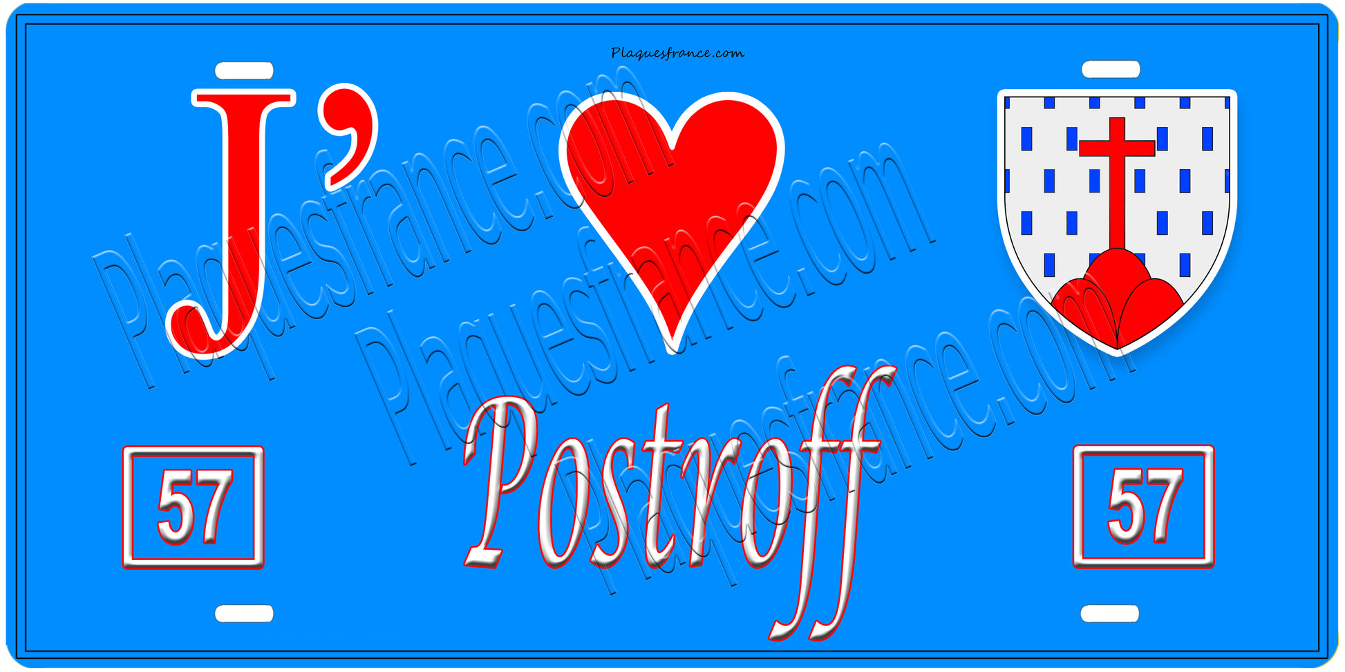 Plaque métal décorative, J'❤️Postroff, Moselle, fond mur bleu 57