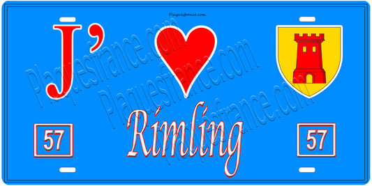 Plaque métal décorative, J'❤️ Rimling, Moselle, fond mur bleu 57