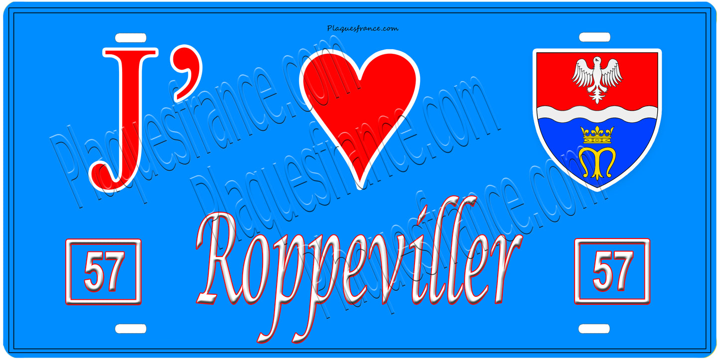 Plaque métal décorative, J'❤️ Roppeviller, Moselle, fond mur bleu 57