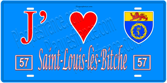 Plaque métal décorative, J'❤️ Saint-Louis-lès-Bitche, Moselle, fond mur bleu 57