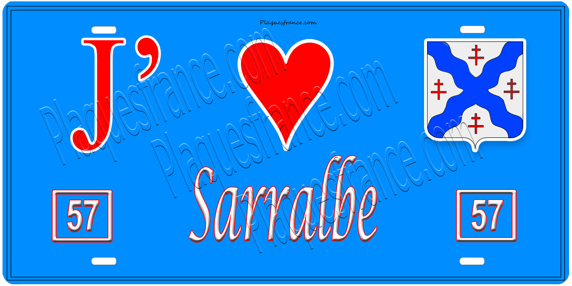 Plaque métal décorative, J'❤️Sarralbe, Moselle, fond mur bleu 57