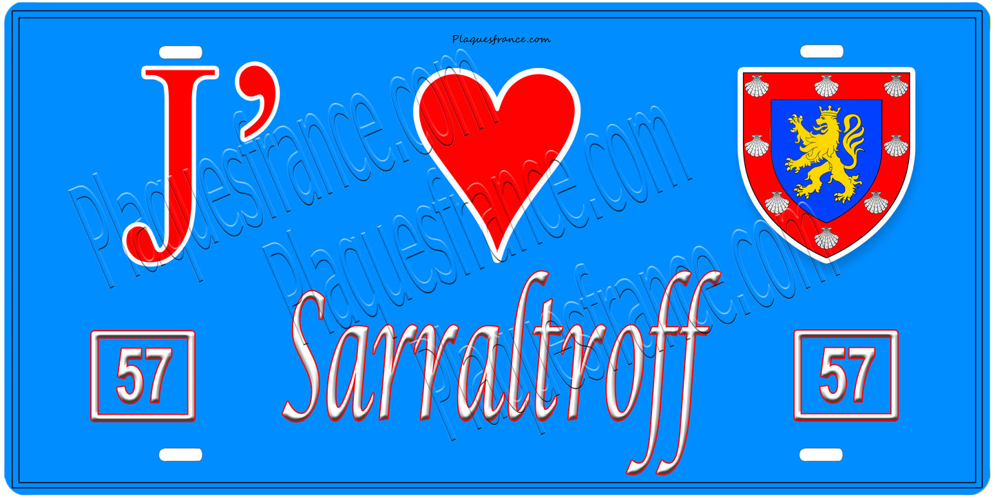 Plaque métal décorative, J'❤️Sarraltroff, Moselle, fond mur bleu 57