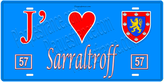 Plaque métal décorative, J'❤️Sarraltroff, Moselle, fond mur bleu 57