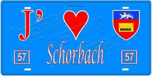 Plaque métal décorative, J'❤️ Schorbach, Moselle, fond mur bleu 57
