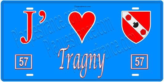 Plaque métal décorative, J'❤️ Tragny, Moselle, fond mur bleu 57