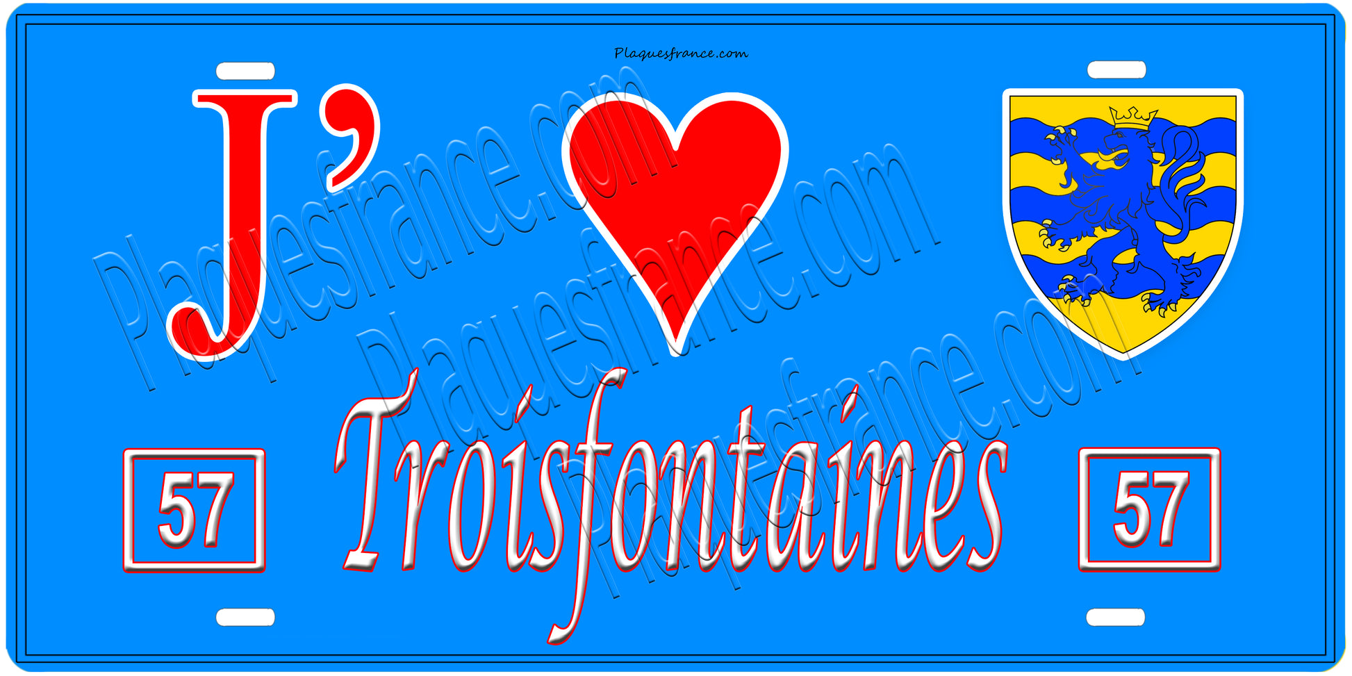 Plaque métal décorative, J'❤️Troisfontaines, Moselle, fond mur bleu 57