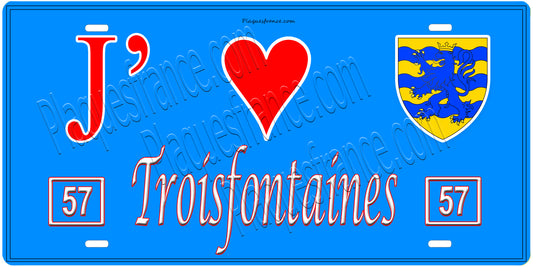 Plaque métal décorative, J'❤️Troisfontaines, Moselle, fond mur bleu 57