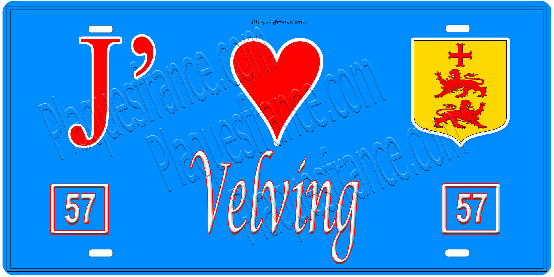 Plaque métal décorative, J'❤️ Velving, Moselle, fond mur bleu 57