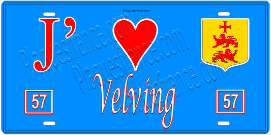 Plaque métal décorative, J'❤️ Velving, Moselle, fond mur bleu 57