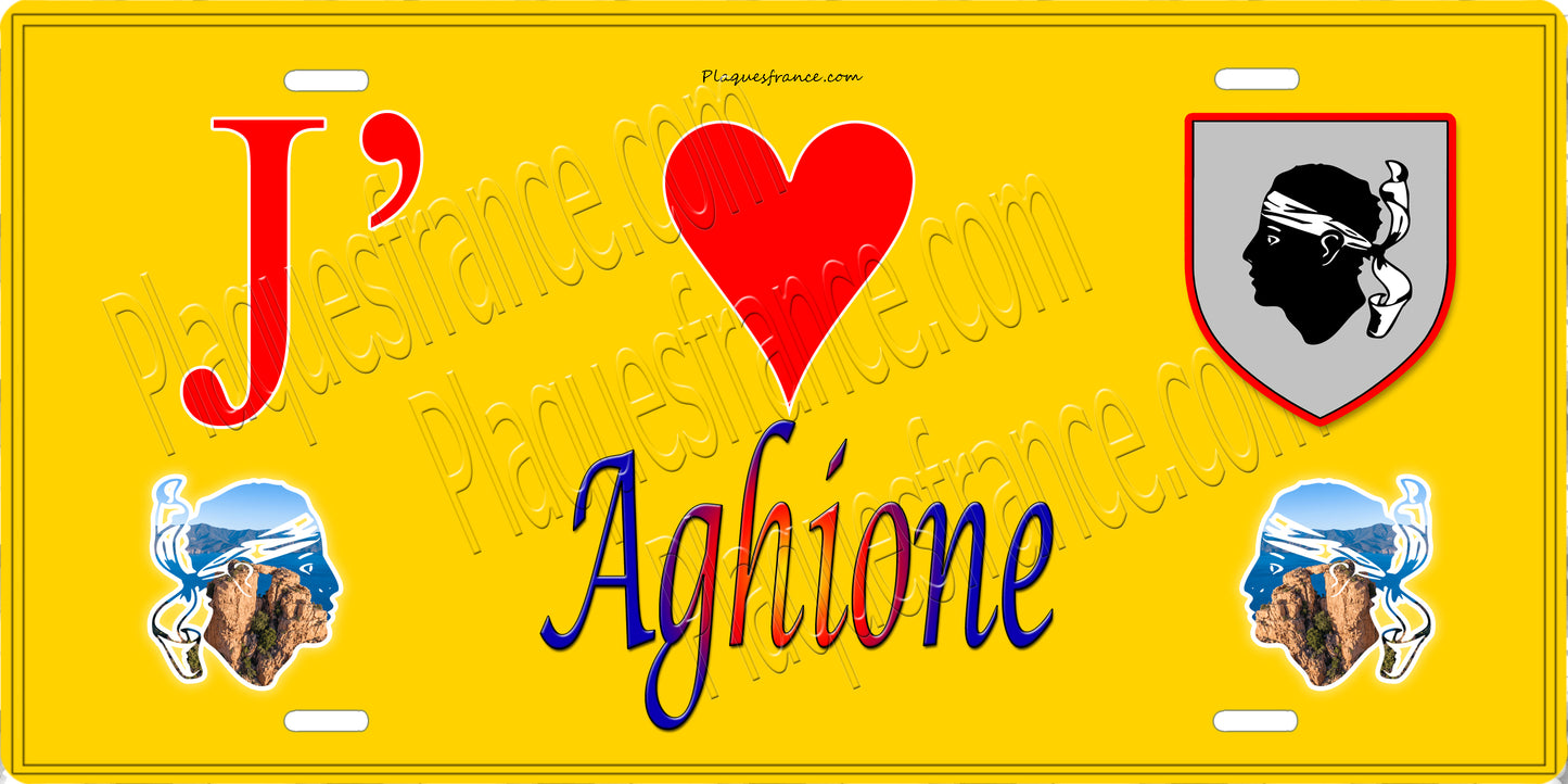 Plaque métal décorative 15 x 30 cm jaune J' ❤️ Aghione  Canton de Ghisonaccia Haute-Corse
