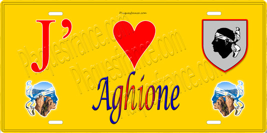Plaque métal décorative 15 x 30 cm jaune J' ❤️ Aghione  Canton de Ghisonaccia Haute-Corse