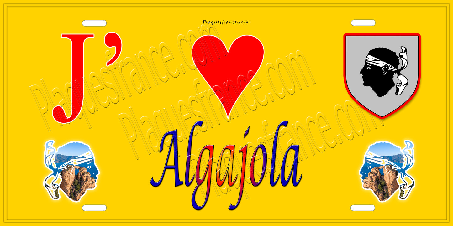 Plaque métal décorative 15 x 30 cm jaune J' ❤️ Algajola  Canton de Calvi Haute-Corse