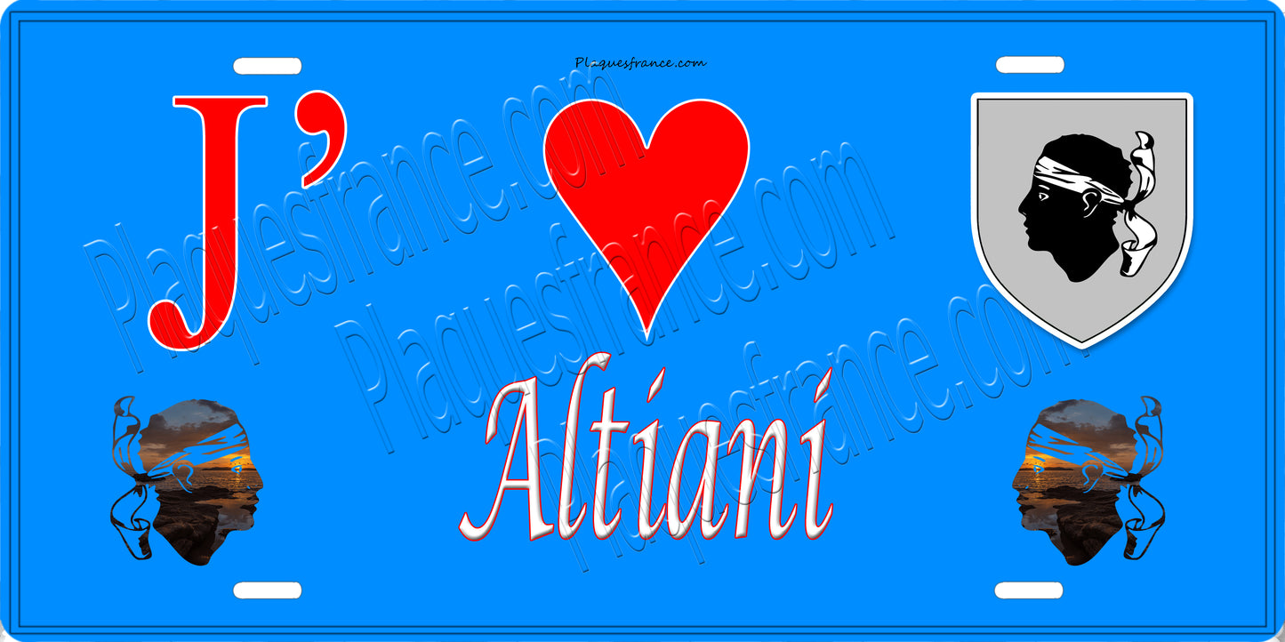 Plaque métal décorative 15 x 30 cm bleu J' ❤️ Altiani  Canton de Ghisonaccia Haute-Corse