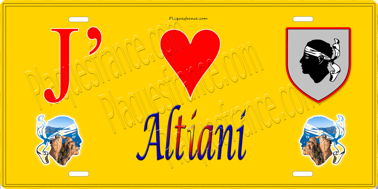 Plaque métal décorative 15 x 30 cm jaune J' ❤️ Altiani  Canton de Ghisonaccia Haute-Corse