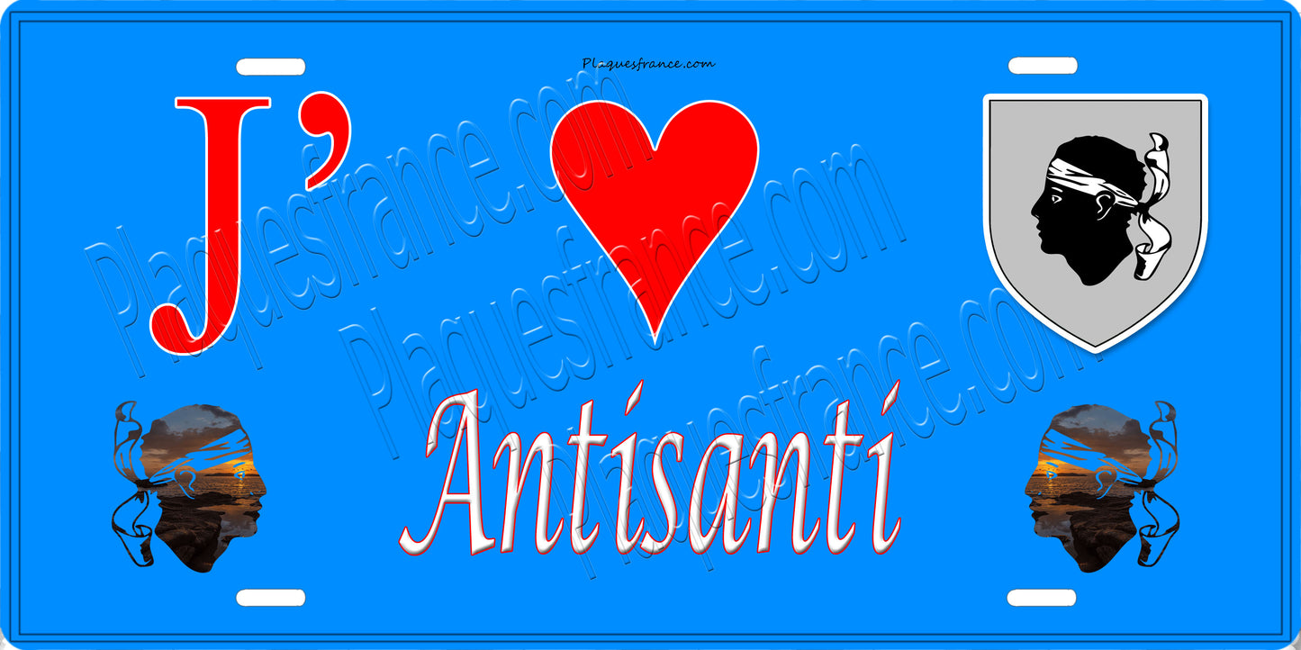 Plaque métal décorative 15 x 30 cm bleu J' ❤️ Antisanti  Canton de Ghisonaccia Haute-Corse