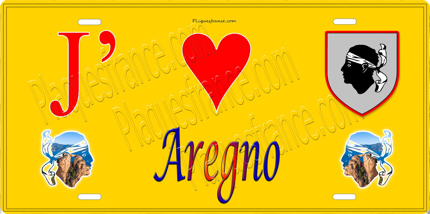 Plaque métal décorative 15 x 30 cm jaune J' ❤️ Aregno  Canton de Calvi Haute-Corse