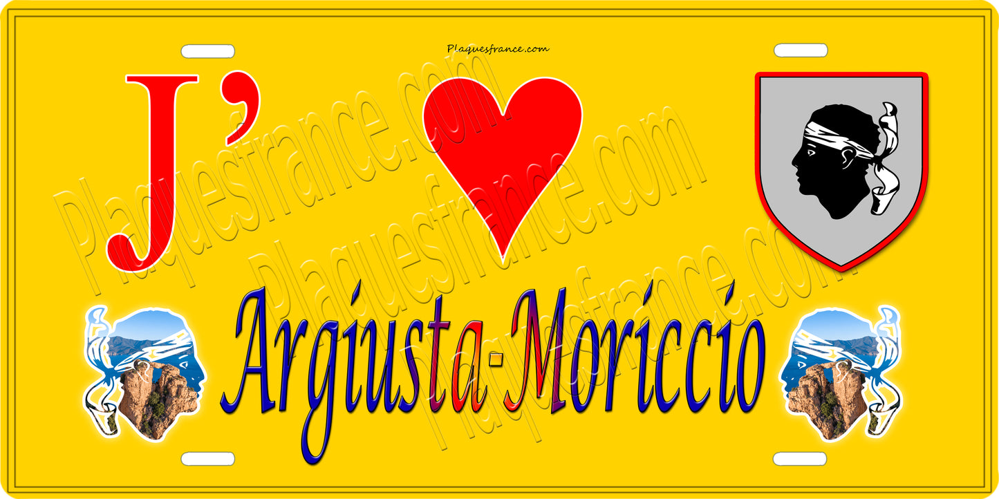Plaque métal décorative 15 x 30 cm fond jaune J' ❤️ Argiusta Moricio  canton de Taravo-Ornano Corse du Sud - Plaquesfrance.com