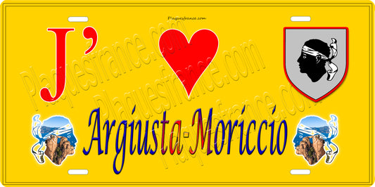 Plaque métal décorative 15 x 30 cm fond jaune J' ❤️ Argiusta Moricio  canton de Taravo-Ornano Corse du Sud