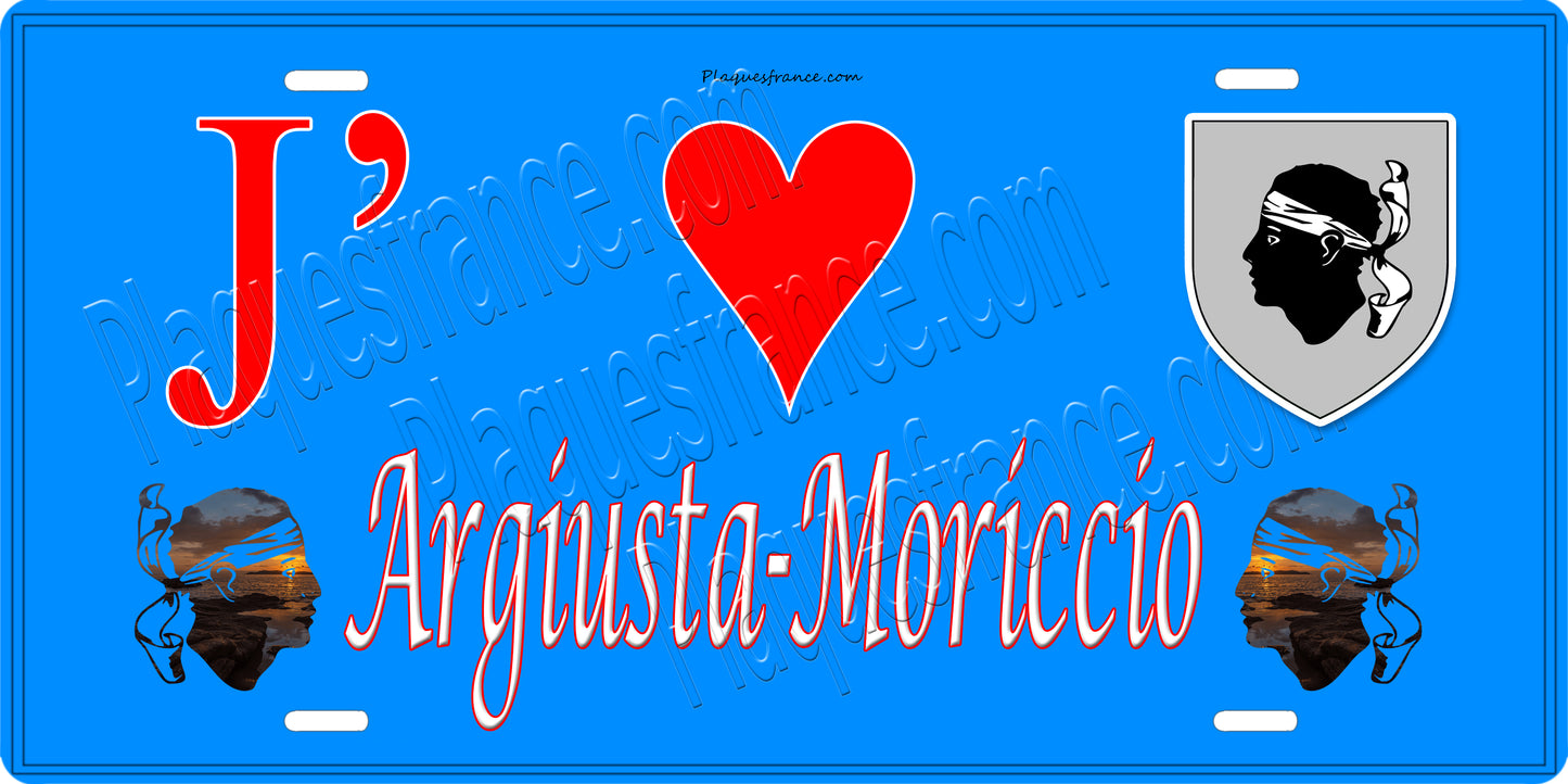 Plaque métal décorative 15 x 30 cm  bleu J' ❤️ Argiusta Moricio  canton de Taravo-Ornano Corse du Sud - Plaquesfrance.com