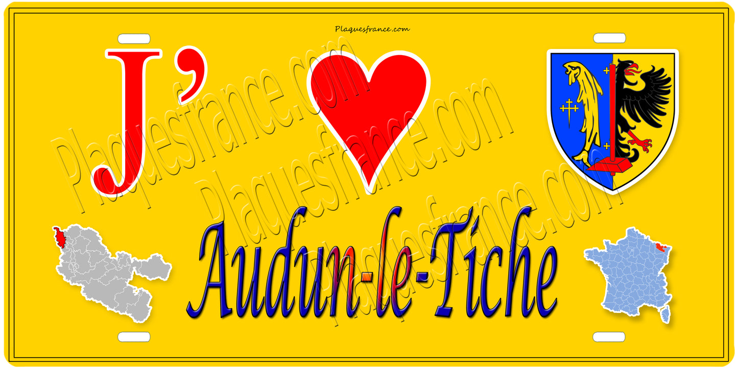 Plaque métal décorative 15 x 30 cm fond mur jaune carte J' ❤️ Audun-le-Tiche, canton Algrange Moselle 57