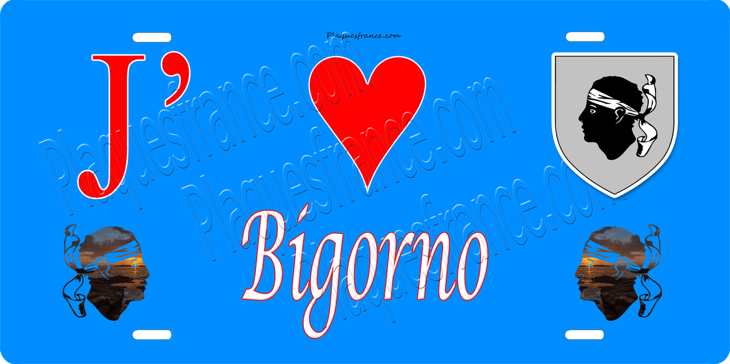 Plaque métal décorative 15 x 30 cm bleu J' ❤️ Bigorno  Canton de Golo-Morosaglia Haute-Corse