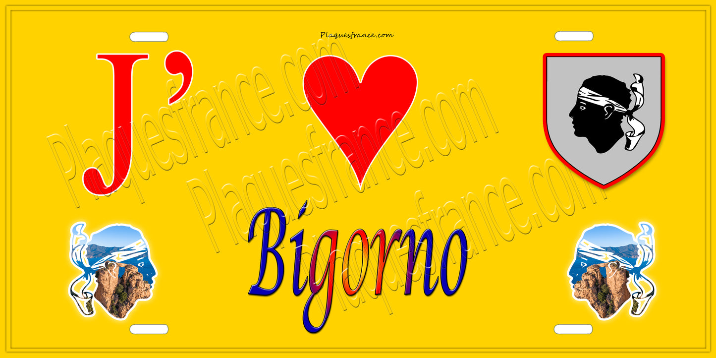 Plaque métal décorative 15 x 30 cm jaune J' ❤️ Bigorno  Canton de Golo-Morosaglia Haute-Corse