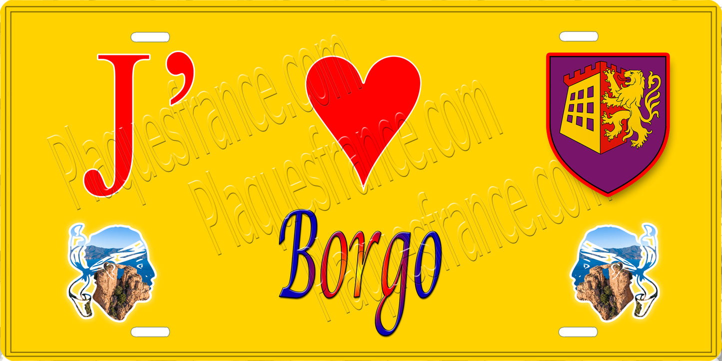 Plaque métal décorative 15 x 30 cm jaune J' ❤️ Borgo  Canton de Borgo Haute-Corse