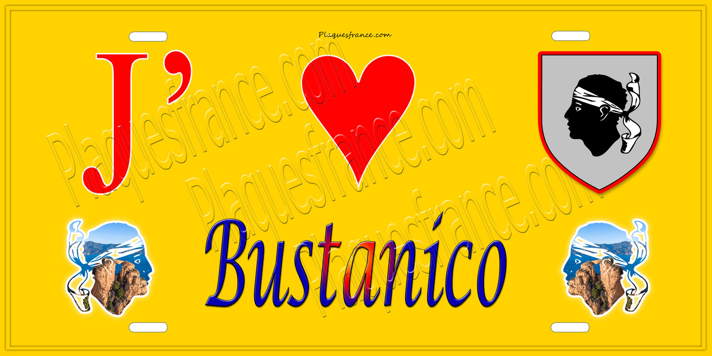 Plaque métal décorative 15 x 30 cm jaune J' ❤️ Bustanico  Canton de Golo-Morosaglia Haute-Corse