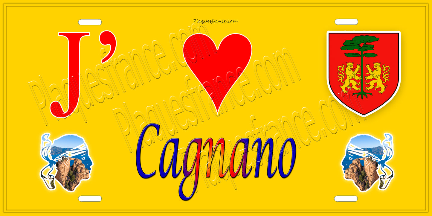 Plaque métal décorative 15 x 30 cm jaune J' ❤️ Cagnano  Canton du Cap Corse Haute-Corse
