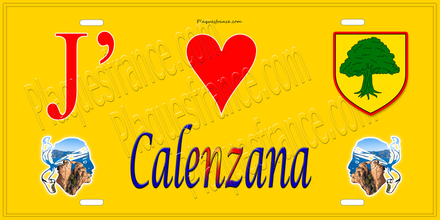 Plaque métal décorative 15 x 30 cm jaune J' ❤️ Calenzana  Canton de Calvi Haute-Corse