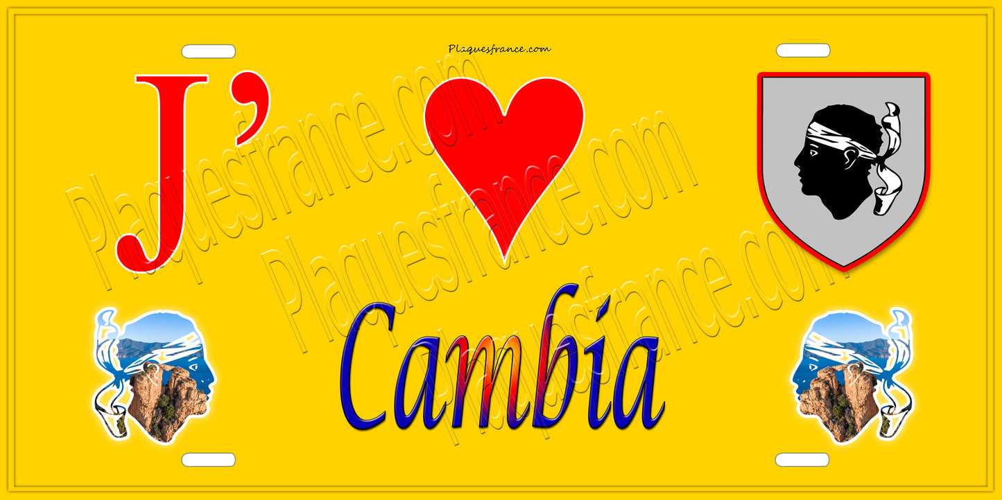 Plaque métal décorative 15 x 30 cm jaune J' ❤️ Cambia  Canton de Golo-Morosaglia Haute-Corse