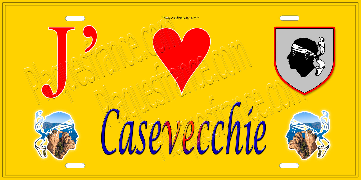 Plaque métal décorative 15 x 30 cm jaune J' ❤️ Casevecchie Canton de Ghisonaccia Haute-Corse