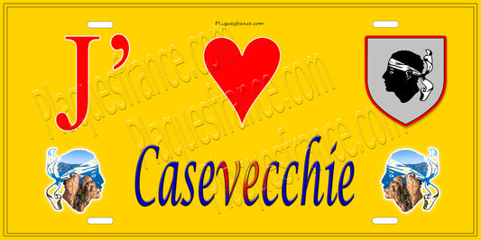 Plaque métal décorative 15 x 30 cm jaune J' ❤️ Casevecchie Canton de Ghisonaccia Haute-Corse