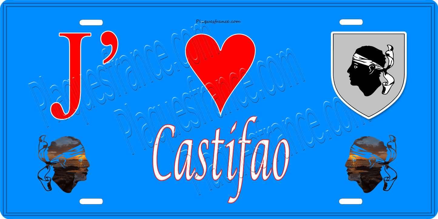 Plaque métal décorative 15 x 30 cm bleu J' ❤️ Castifao Canton de Golo-Morosaglia Haute-Corse