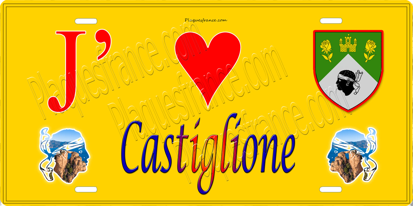 Plaque métal décorative 15 x 30 cm jaune J' ❤️ Castiglione Canton de Golo-Morosaglia Haute-Corse