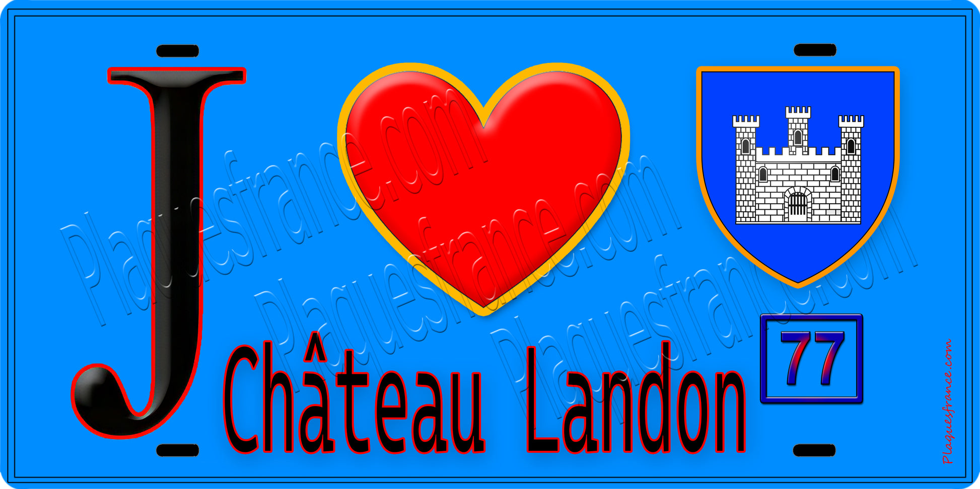 Plaque métal décorative  J' ❤️Château-Landon, Seine et Marne (77) fond bleu