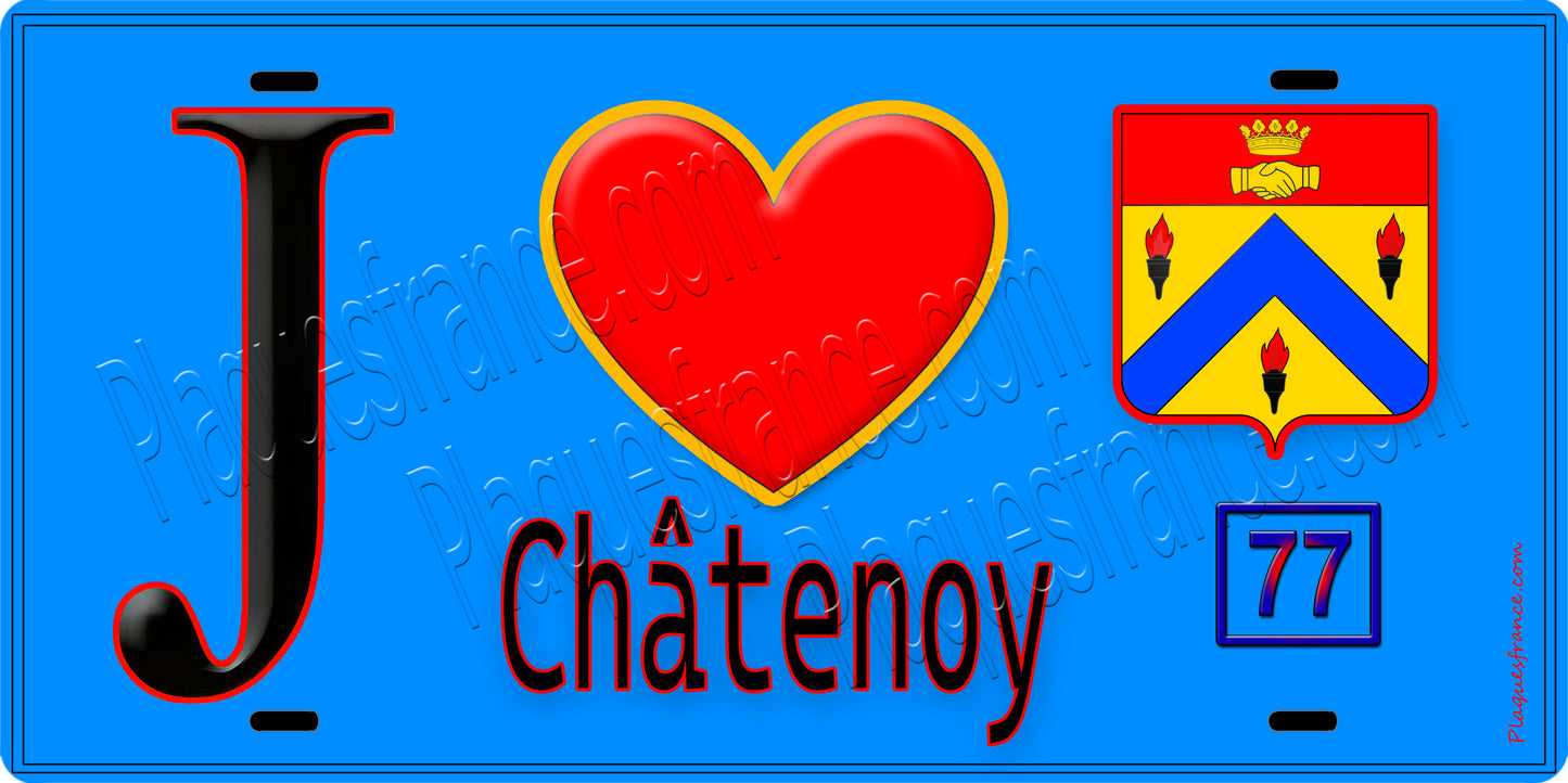 Plaque métal décorative  J' ❤️Châtenoy, Seine et Marne (77) fond bleu