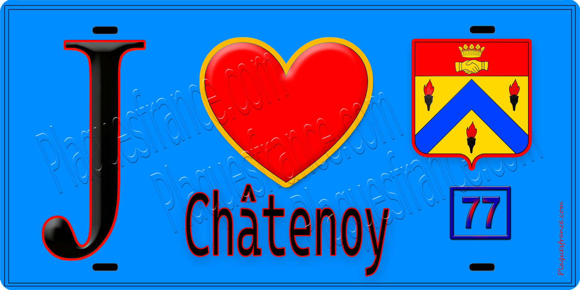 Plaque métal décorative  J' ❤️Châtenoy, Seine et Marne (77) fond bleu