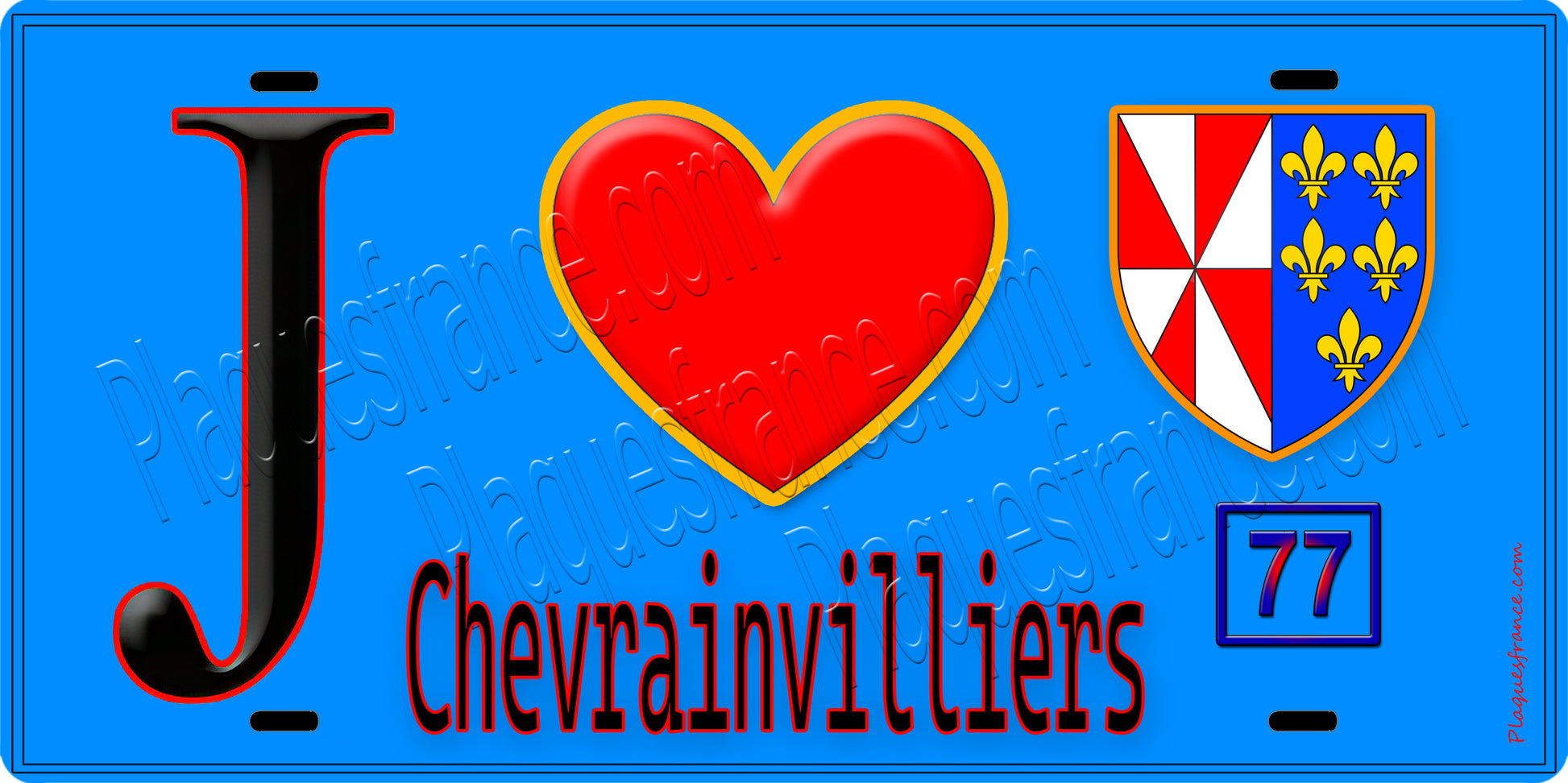 Plaque métal décorative  J' ❤️Chevrainvilliers, Seine et Marne (77) fond bleu