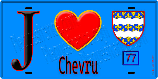 Plaque métal décorative  J' ❤️Chevru, Seine et Marne (77) fond bleu