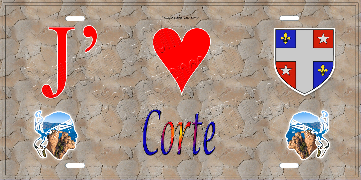 Plaque métal décorative 15 x 30 cm mur antique J' ❤️ Corte Canton de Corte Haute-Corse