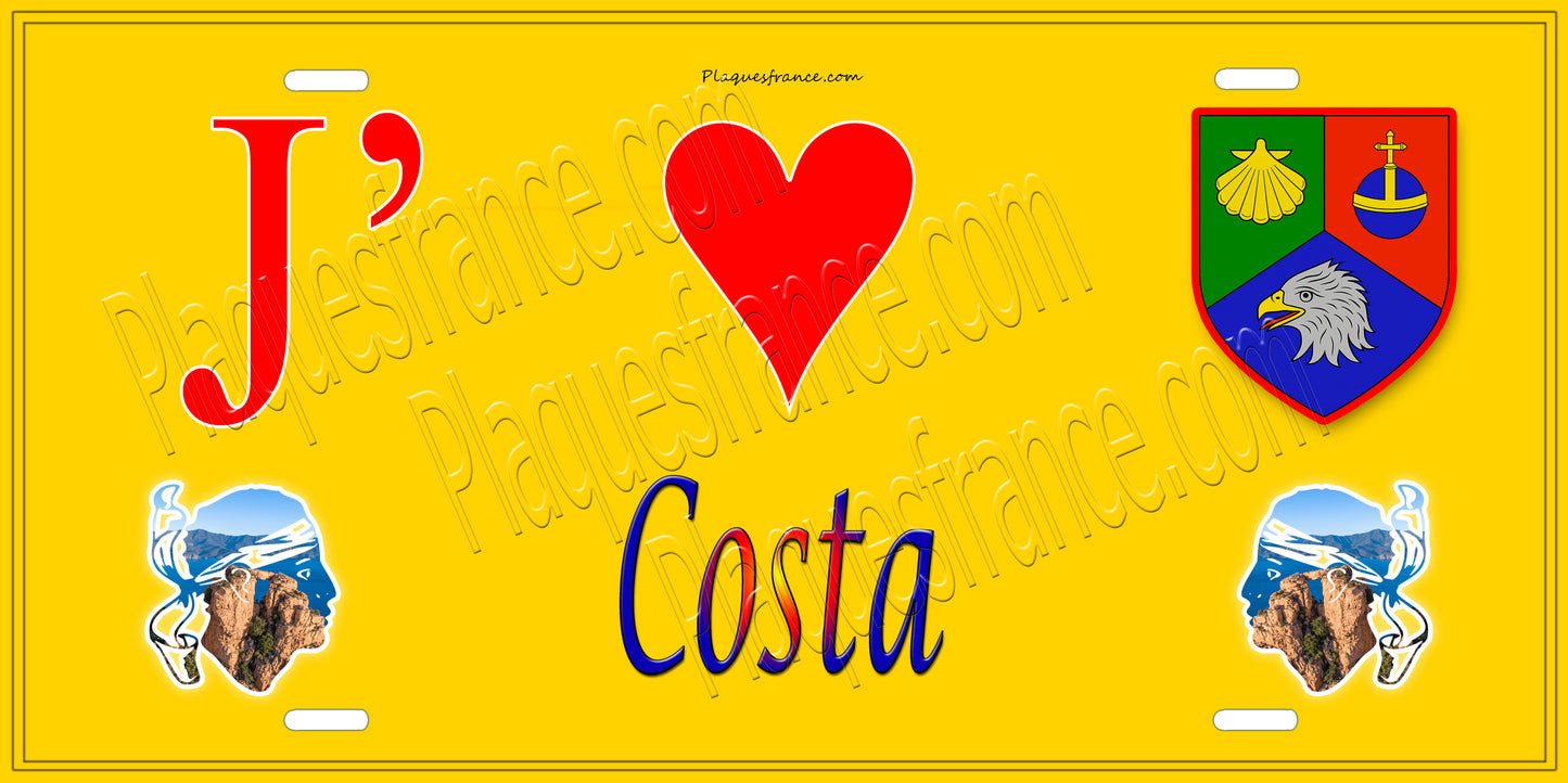 Plaque métal décorative 15 x 30 cm jaune J' ❤️ Costa Canton de l'Île-Rousse Haute-Corse